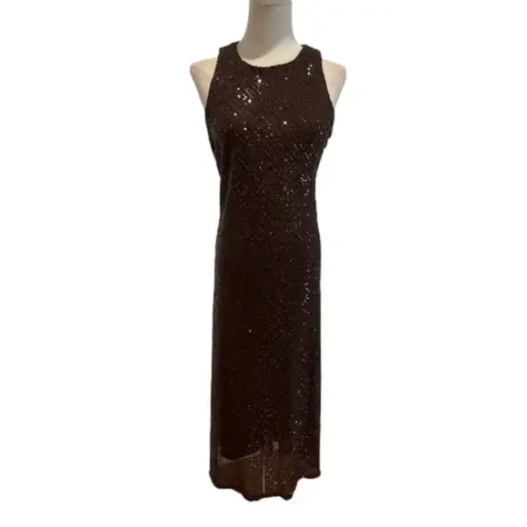 Y2K BROWN SEQUIN MAXI DRESS W KEYHOLE BACK GLAMOROUS GOWN MINIMALIST STYLE M - Picture 3 of 12